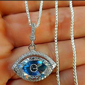 925 Sterling Silver Blue Evil Eye Crystal CZ Drop Pendant Necklace